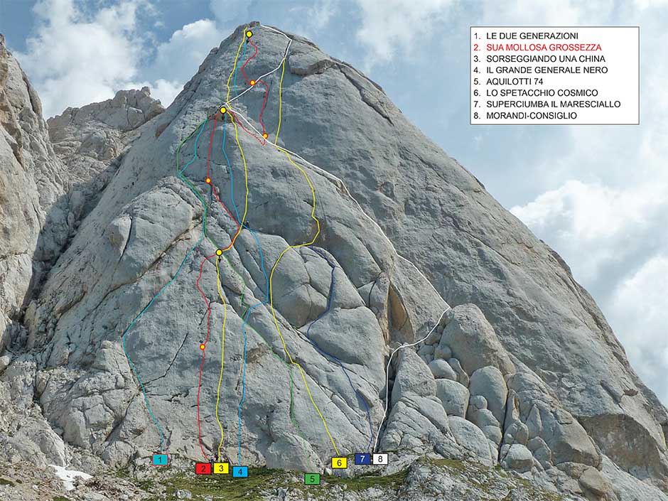 tracciati delle vie sulla parete nord della prima spalla del corno piccolo