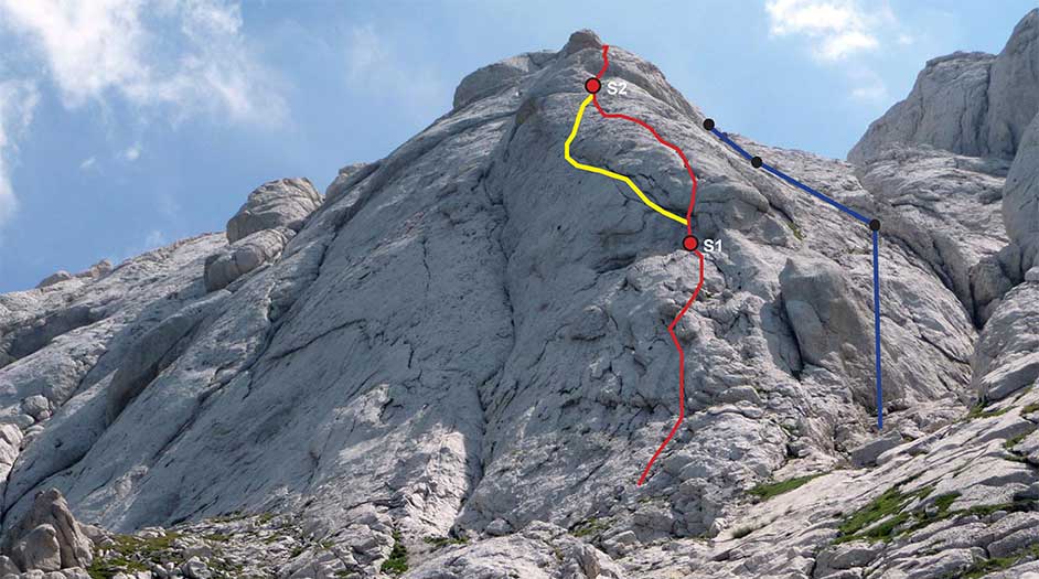 tracciato della via spigolo di paoletto sulla parete nord del corno piccolo