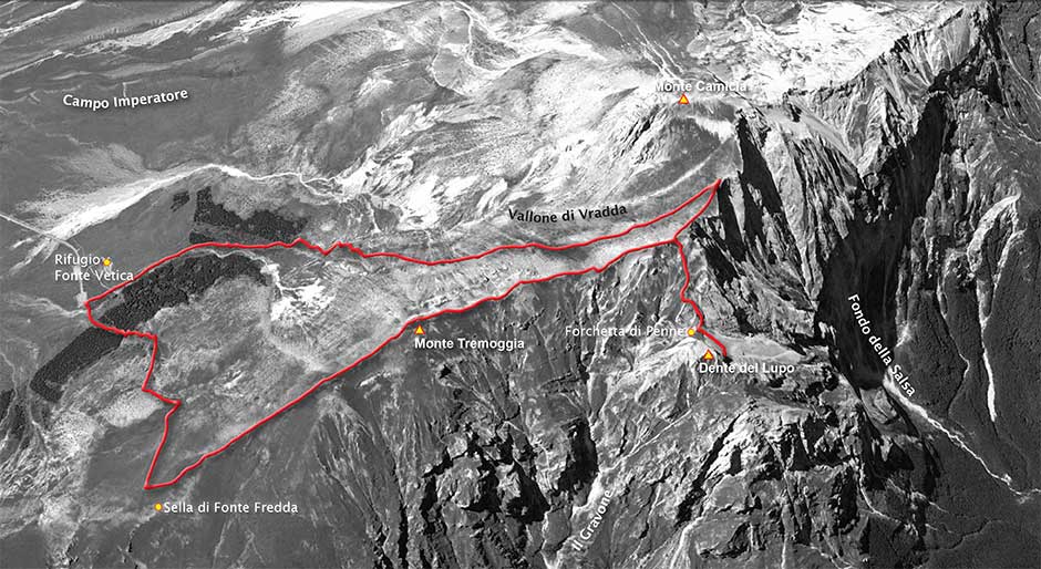 tracciato della via normale al dente del lupo - gruppo del gran sasso