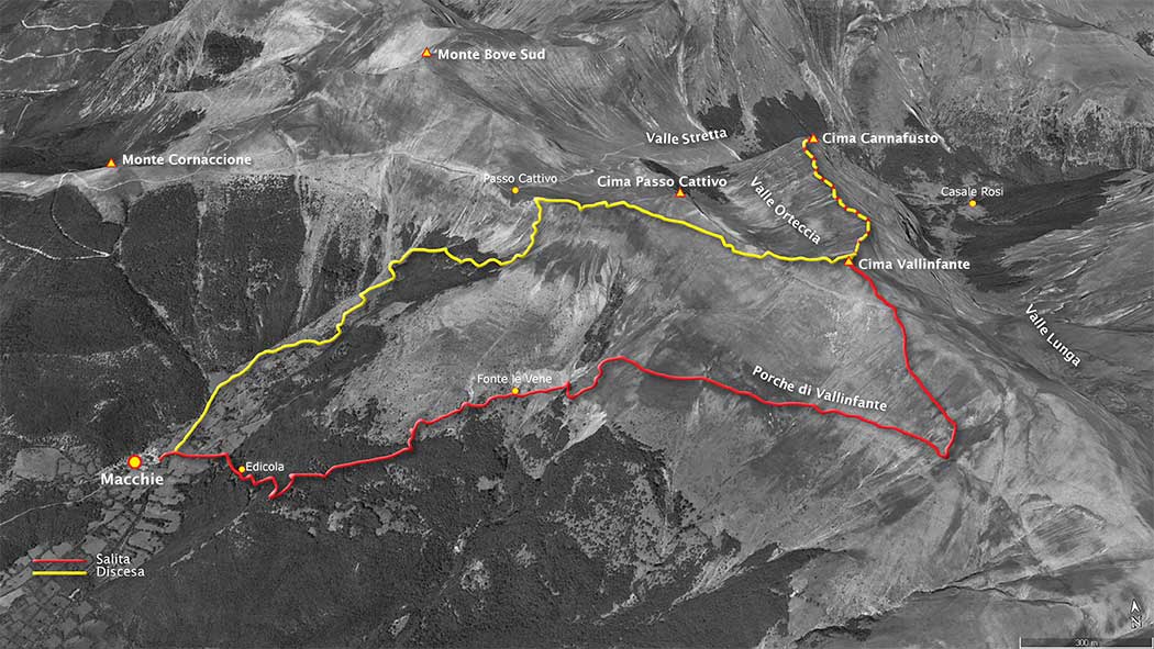 tracciato escursionismo, da macchie di vallinfante a cima cannafusto per cima vallinfante, discesa per passo cattivo - monti sibillini