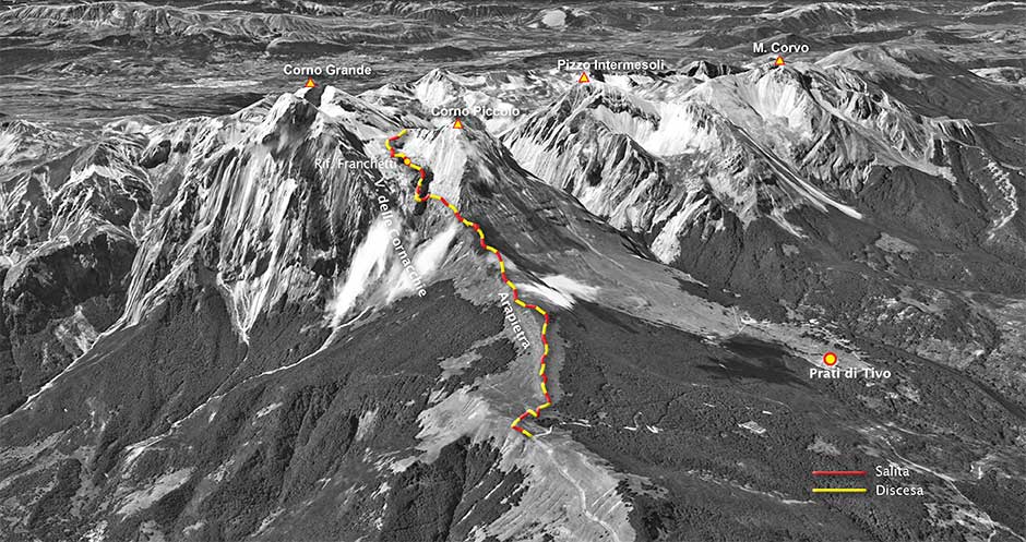 tracciato di escursiosnismo da prati di tivo al vallone delle cornacchie