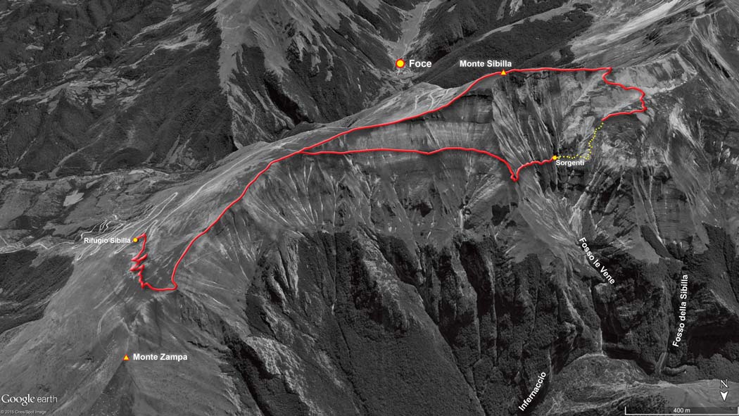 tracciato escursionismo, dal rifugio sibilla alle sorgenti del fosso le vene - monti sibillini