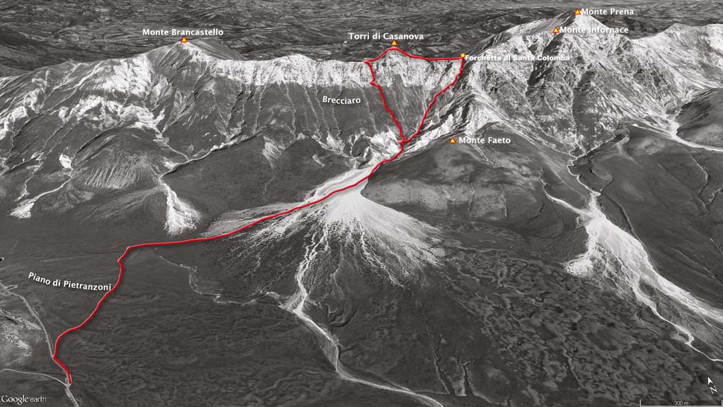 tracciato escursionismo, da campo imperatore alle torri di casanova per la via cai penne, discesa per la forchetta di santa colomba - gran sasso