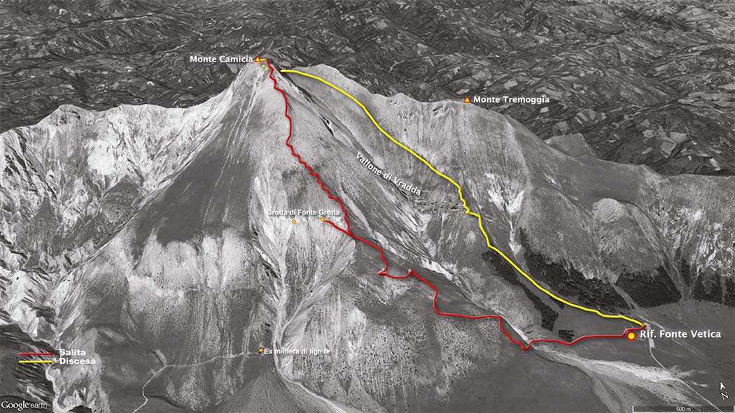 tracciato escursionismo, da fonte vetica al monte camicia per fonte grotta - gran sasso