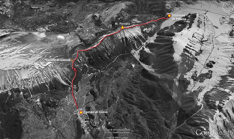 tracciato della traversata dalla stazione di palena a campo di giove per il monte porrara