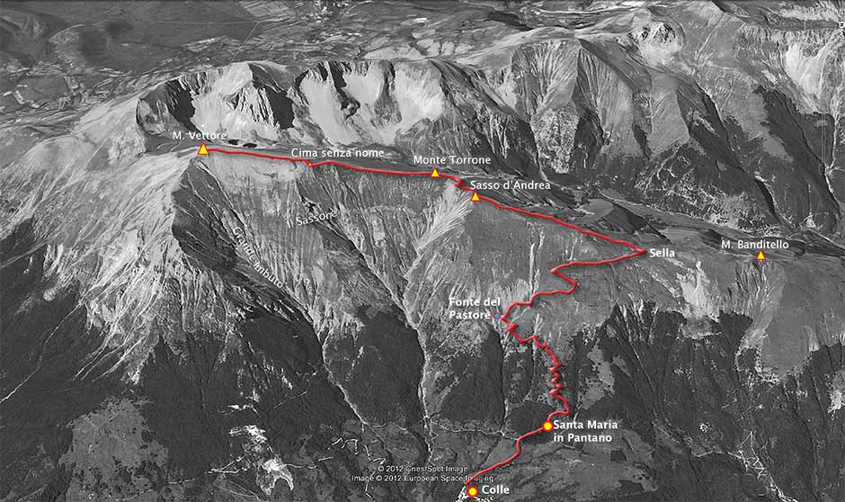 tracciato dell'escursione da colle di montegallo o da santa maria in pantano al monte vettore per la cresta del monte torrone