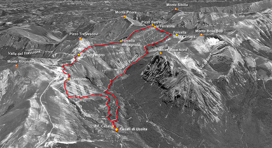 tracciato escursione da casali a pizzo berro per la val di panico e la ferratina