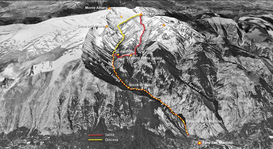 tracciato escursione da fara san martino alla cima pomilio per la valle delle mandrelle - parco nazionale della majella