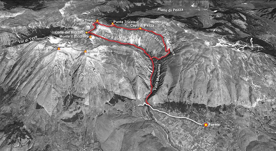 tracciato escursione da forme a punta trento e trieste con discesa per costa stellata - parco regionale del sirente-velino