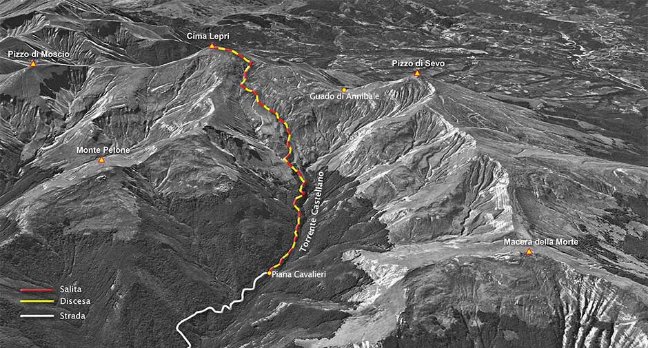 tracciato di scialpinismo da piana cavalieri a cima lepri, nei monti della laga