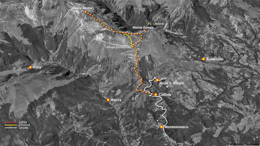 tracciato di scialpinismo, da collina al monte sibilla per il rifugio sibilla 1540, discesa per lo stesso itinerario - monti sibillini