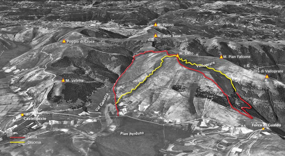 tracciato monte lieto da pian perduto per val canatra