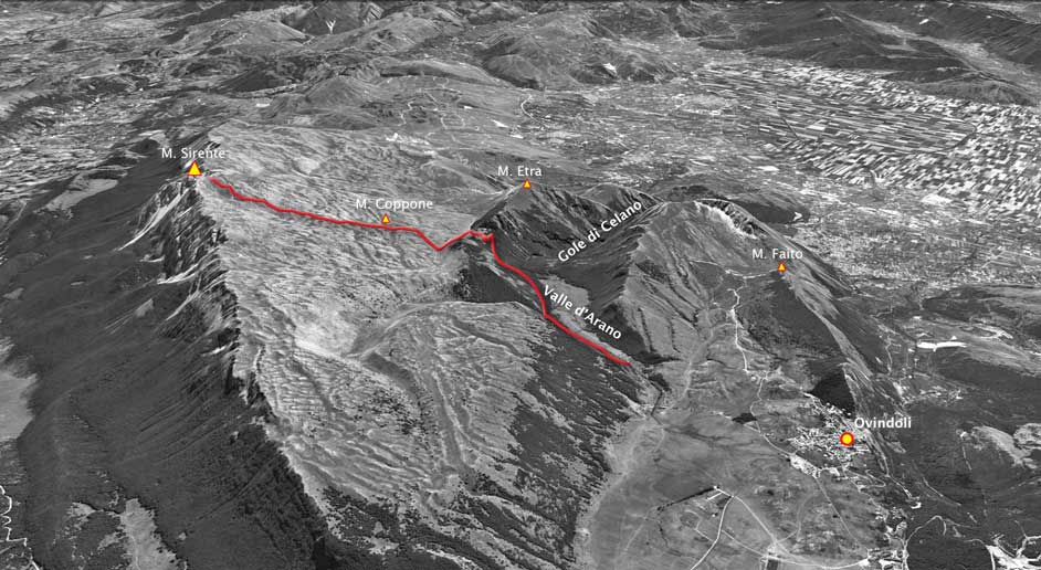 tracciato monte sirente da ovindoli per la val d'arano