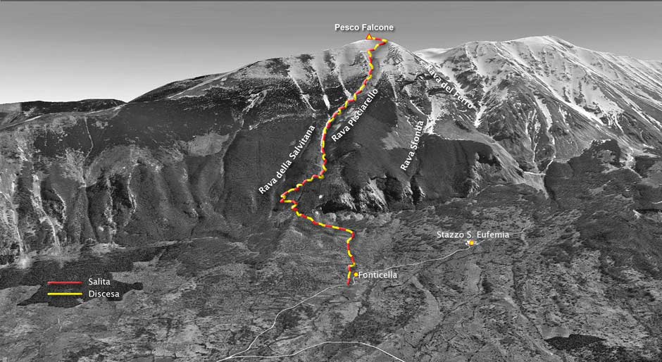 tracciato scialpinismo sul monte pescofalcone per la rava pisciarello nel gruppo della majella