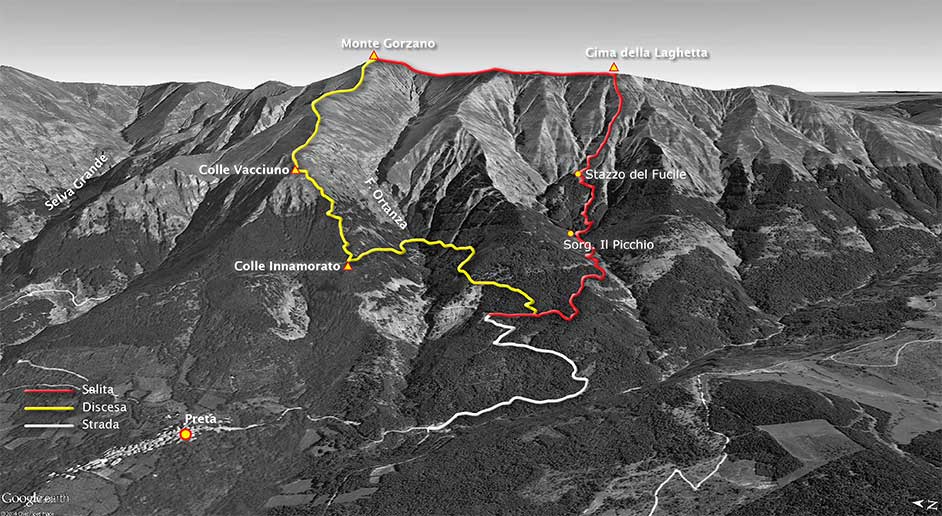 tracciato escursionismo, da preta al monte gorzano per la cima della laghetta e lo stazzo del fucile - monti della laga