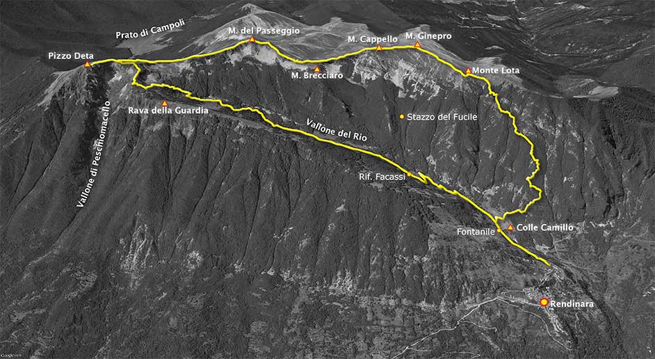 tracciato escursionismo, da rendinara a pizzo deta per il vallone del rio, discesa per il monte ginepro - monti ernici