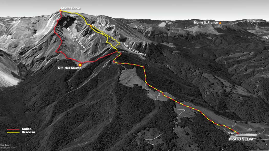 tracciato escursionismo, da prato selva al monte corvo per la cresta nord-est e discesa per il mozzone- gran sasso