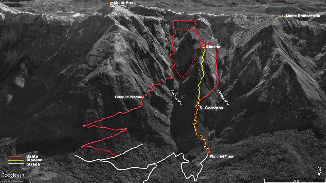 tracciato escursionismo, da piano del fiume al cimone di santa colomba per la chiesetta di santa colomba e il fosso malepasso - gran sasso