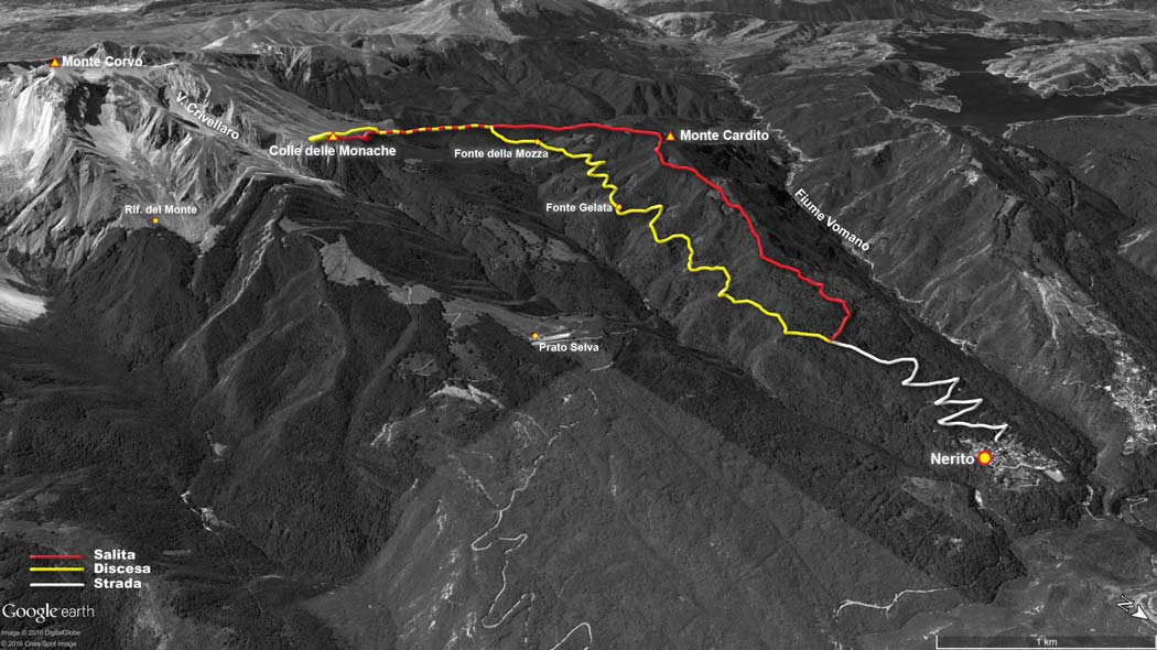 tracciato escursionismo, da nerito al colle delle monache per il monte cardito - gran sasso