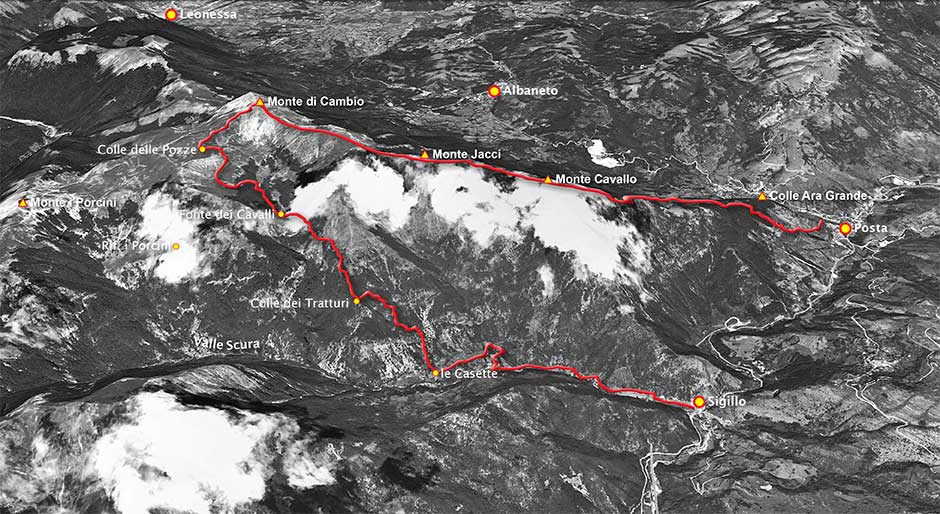 tracciato escursione da sigillo al monte di cambio per la valle scura. discesa per posta