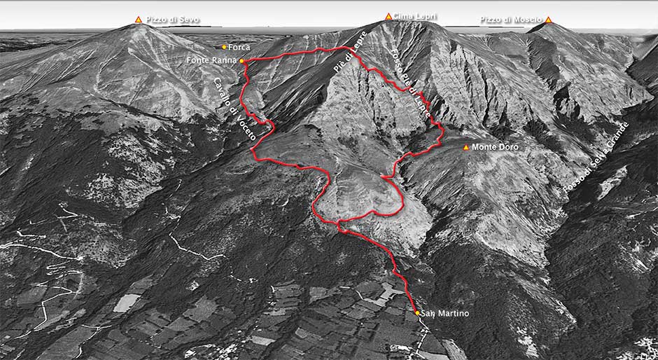 tracciato escursione da san martino per il fosso piè di lepre sotto cima lepri nei monti della laga
