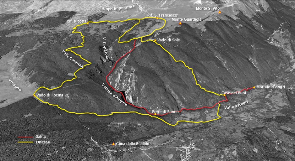 tracciato escursione vallone d'angora-campo imperatore-voltigno - parco nazionale del gran sasso e monti della laga