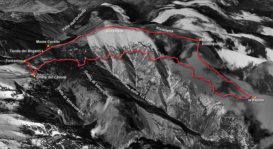 tracciato escursione grotta del cavone-scrimacavallo-maielletta - parco nazionale della Majella