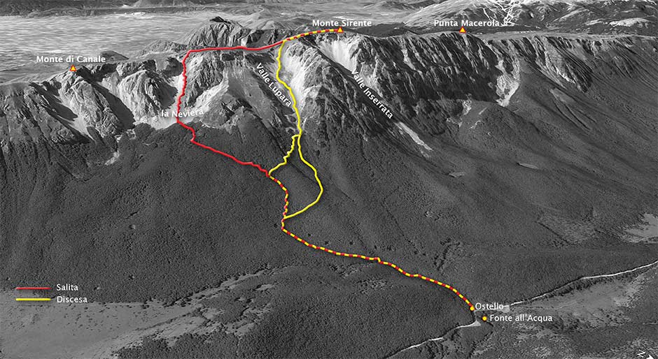 tracciato scialpinismo salita per la neviera discesa per la valle lupara - monte sirente