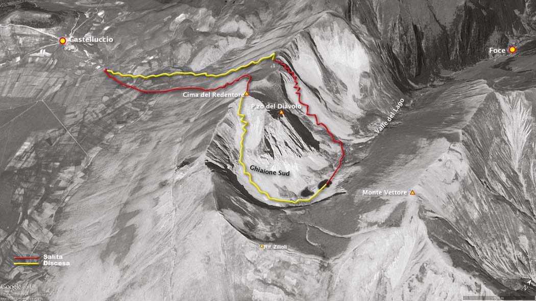 tracciato escursionismo, da castelluccio alla cima del redentore e discesa per il ghiaione sud - monti sibillini